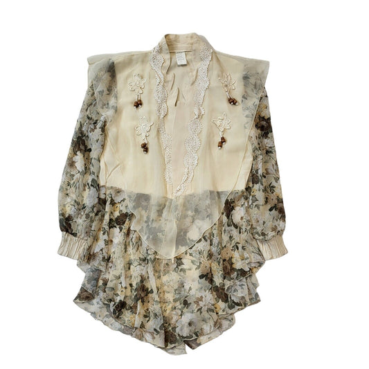 90s Vintage Cream Brown Floral Open Front Blouse Women's 16