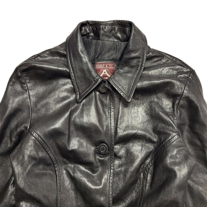 Double A 90s Vintage Black Button & Belted Leather Coat Uk Women's Size 14