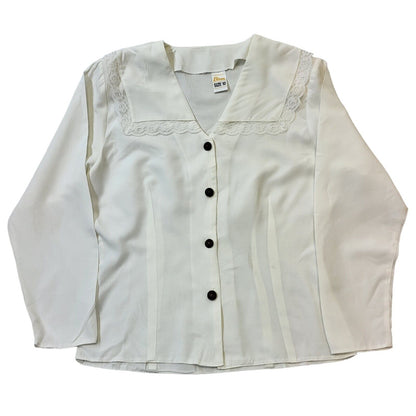 Etam 80s Vintage White Button Up Collared V-Neck Blouse Womens Size 10