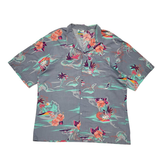 Ripples Vintage 90's Grey Green Palm Trees Short Sleeve Shirt Men's UK XL