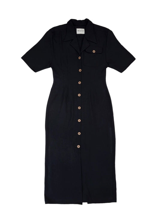 90s Vintage Wallis Black Buttoned Collared Daywear Dress Women's Size 10