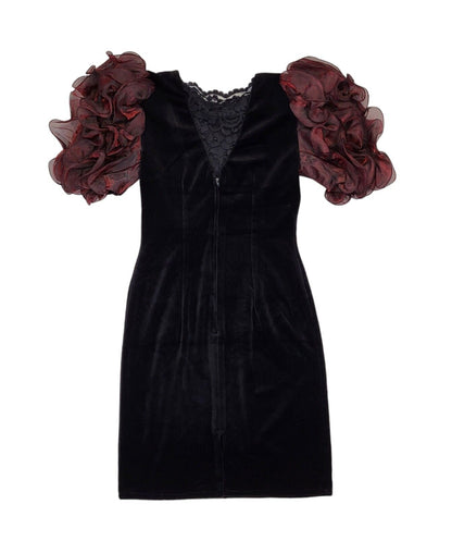 80s Vintage Yvonne Jacovous Black Plum Ruffle Velvet Evening Dress Women's 12