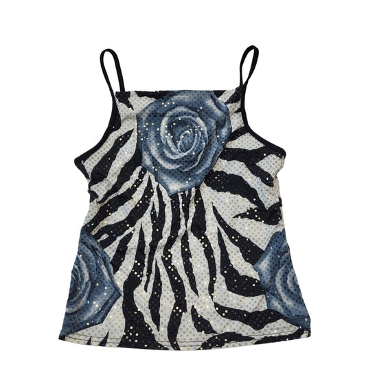 90s Vintage Black & White Floral Sequin Strap Vest Party Top Women's UK Size 10