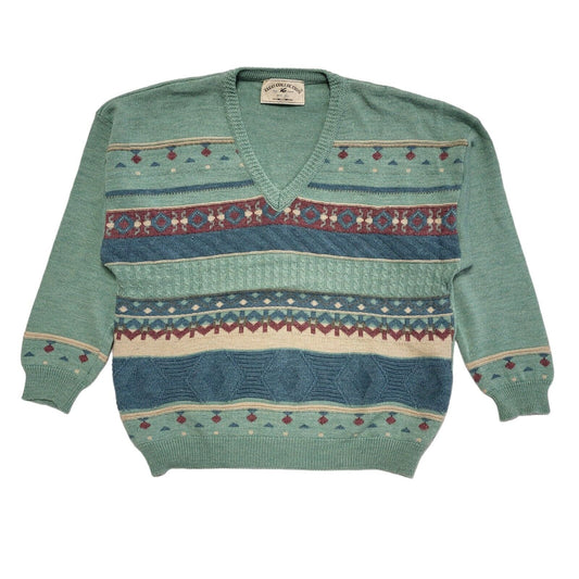 Elgo Collections Vintage 80s Green Geometric V-Neck Jumper Men's UK XL