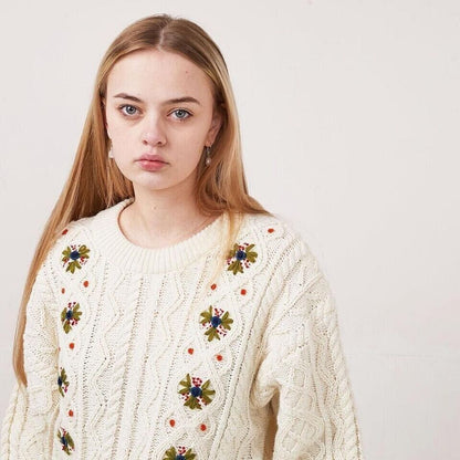 Avant Garde Vintage 90's Cream Green Floral Knitted Jumper Uk Women's UK 14-16