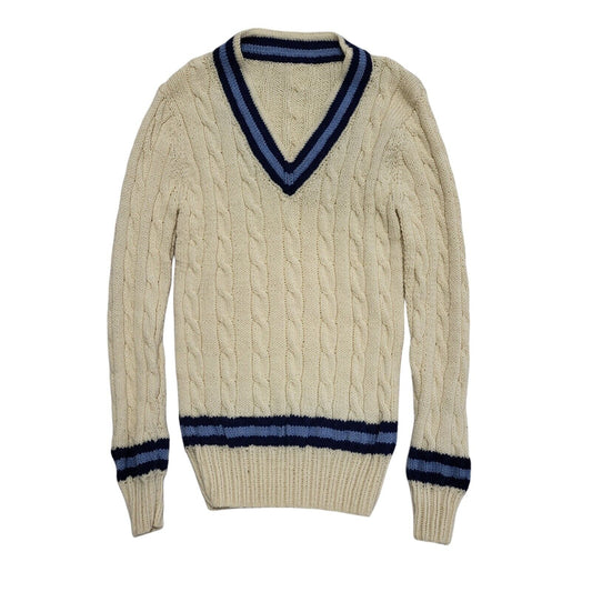 90s Vintage Cream Blue Acrylic V-Neck Cricket Jumper Uk Women's Size Small