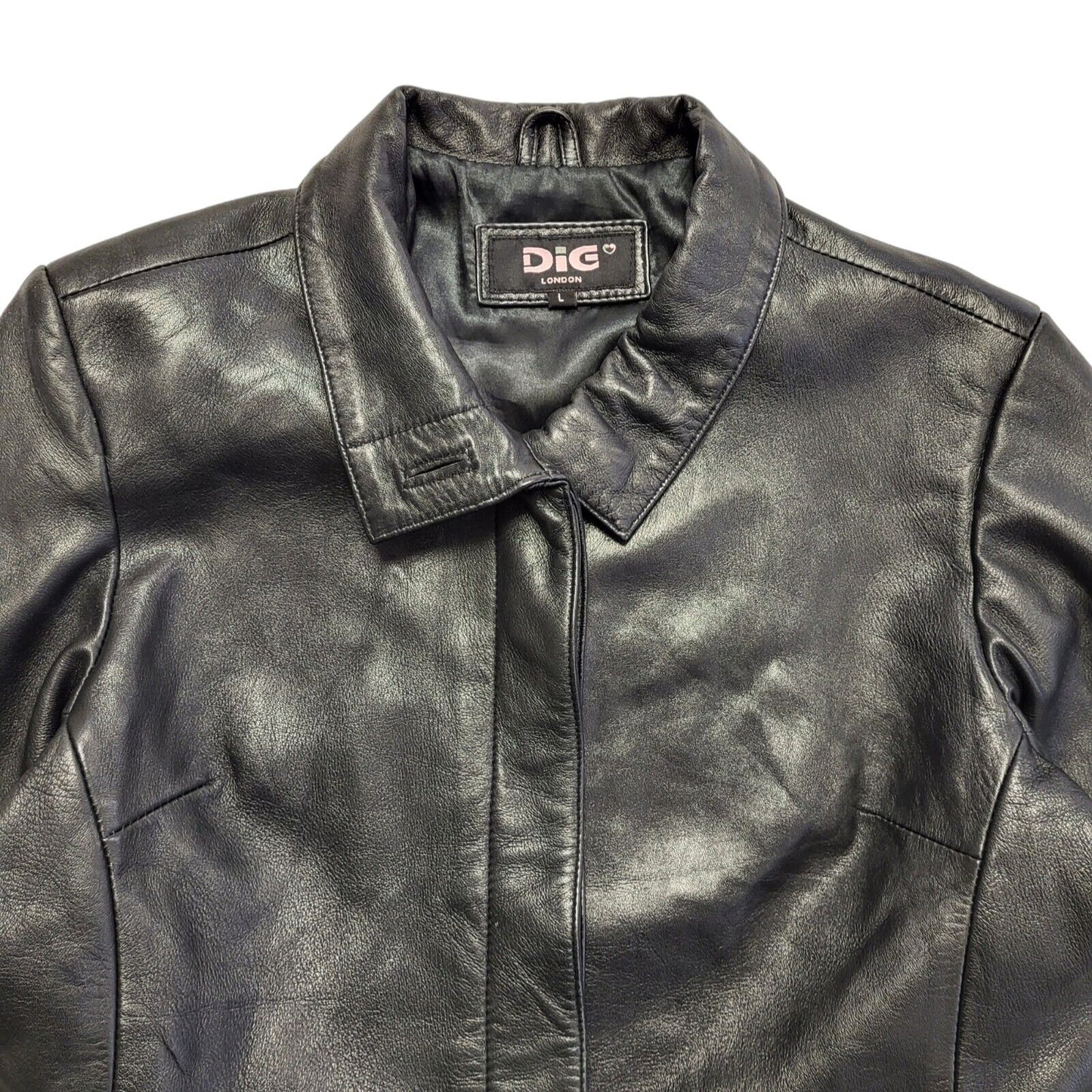 Dig Vintage 90's Long Black Leather Button Up Jacket Women's UK Size L
