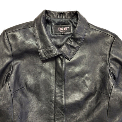 Dig Vintage 90's Long Black Leather Button Up Jacket Women's UK Size L