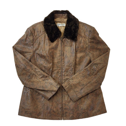 Gerry Weber 90s Brown Zip Up Leather Jacket Faux Fur Collar Women's Size 18
