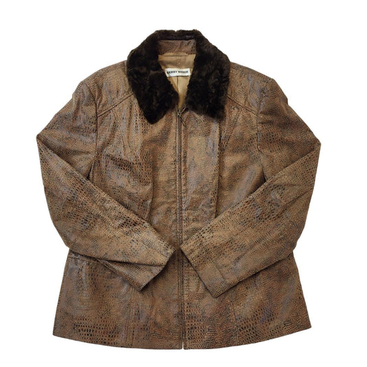 Gerry Weber 90s Brown Zip Up Leather Jacket Faux Fur Collar Women's Size 18