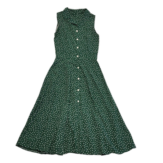 Vintage 90's Green & White Floral A-Line Midi Button Dress Women's UK Size 10