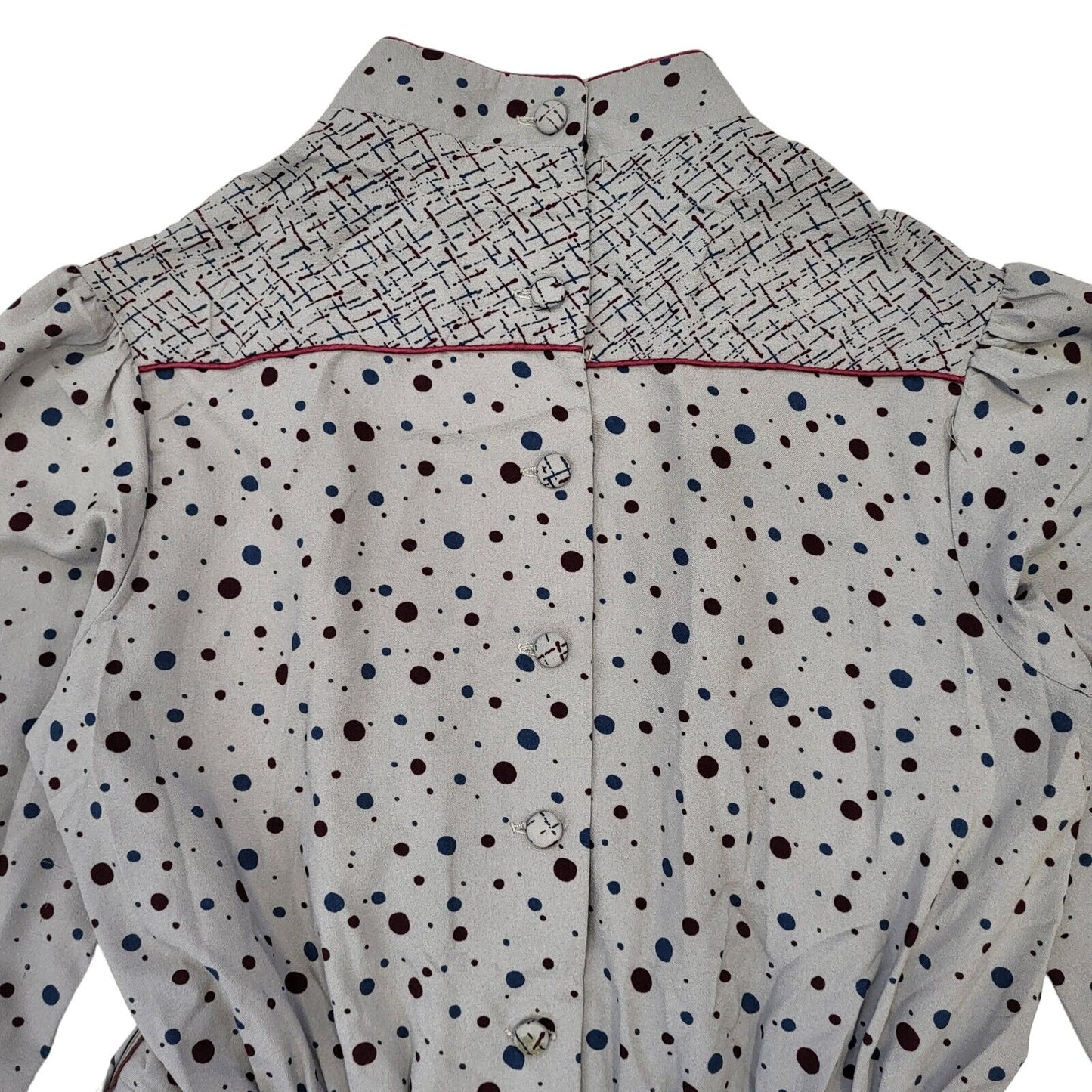 Fiona Dresses 70s Vintage Grey & Burgundy Dotty Dress Women's Size 12