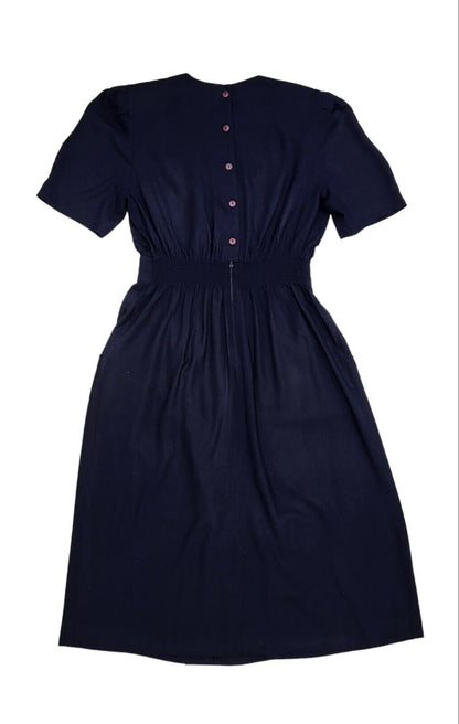 80s Vintage Karin Stevens Navy Lace Trim Dress Women's Size M
