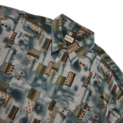 Mendoral 80's Green & Brown Retro Abstract  Short Sleeve Shirt Mens UK Size L