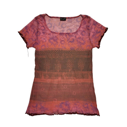 Seven Vintage 80's Pink & Green Sheer Floral Short Sleeve T-Shirt Womens UK 12