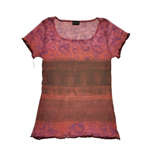 Seven Vintage 80's Pink & Green Sheer Floral Short Sleeve T-Shirt Womens UK 12