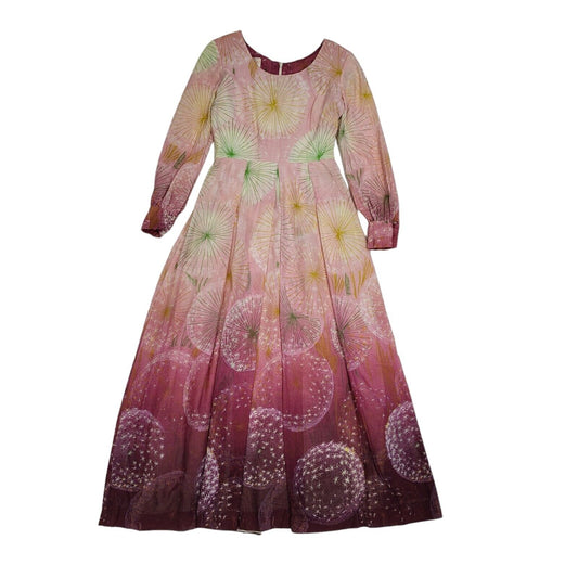 70s Vintage Pink Geometric Long Sleeve Maxi Dress Women's 10