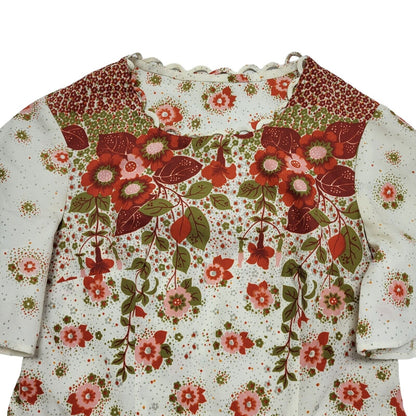 70s Vintage White Pink Green Floral Fit & Flare Daywear Dress Women's 12