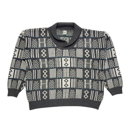Vintage 80s Grey & White Geometric Collared Jumper Men's UK Large