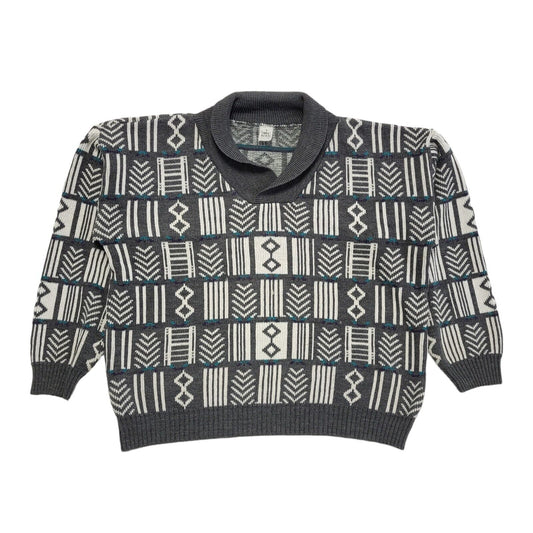 Vintage 80s Grey & White Geometric Collared Jumper Men's UK Large