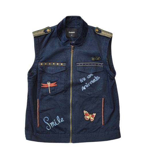 Desigual Y2K Navy Blue Sleeveless Zip Up Gilet Women's Size 12