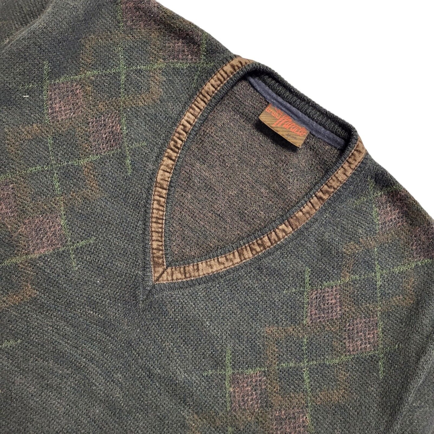 Miracle Vintage 80s Brown Geometric V-Neck Jumper Men's UK XL
