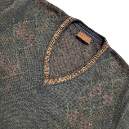 Miracle Vintage 80s Brown Geometric V-Neck Jumper Men's UK XL