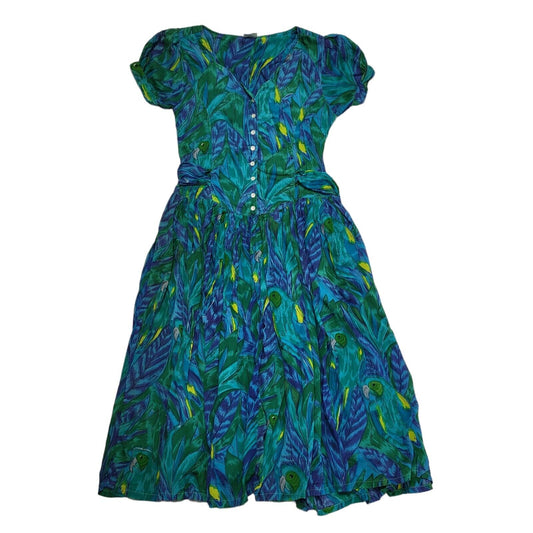 Vintage 80's Blue Green Floral Daywear Dress Uk Women's Size S
