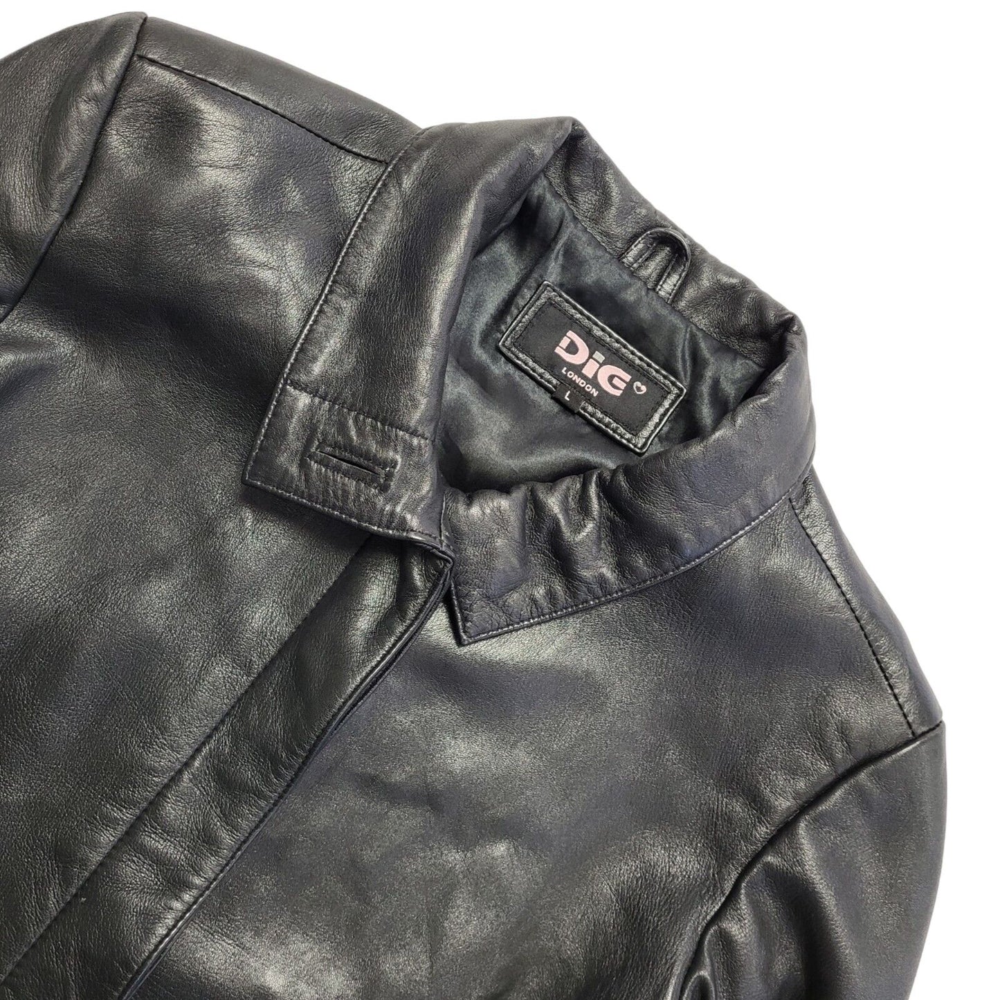 Dig Vintage 90's Long Black Leather Button Up Jacket Women's UK Size L