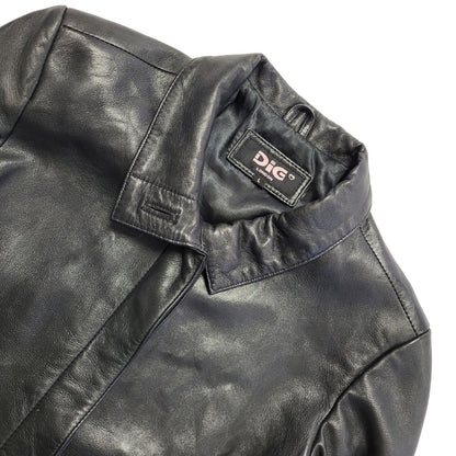 Dig Vintage 90's Long Black Leather Button Up Jacket Women's UK Size L