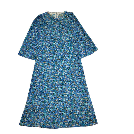Vintage 70s Blue Long Sleeve Floran Shirt Daywear Dress Uk Women's Size 12