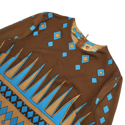 Ducale 60s Vintage Brown Blue Long Sleeve Geometric Shift Dress Women's Size 10