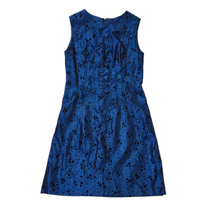 Vintage 60s Blue & Black Metallic Shift Dress Women's Size M 10-12