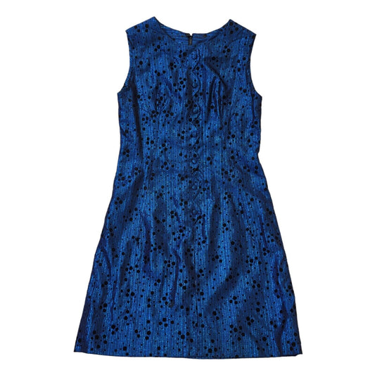Vintage 60s Blue & Black Metallic Shift Dress Women's Size M 10-12