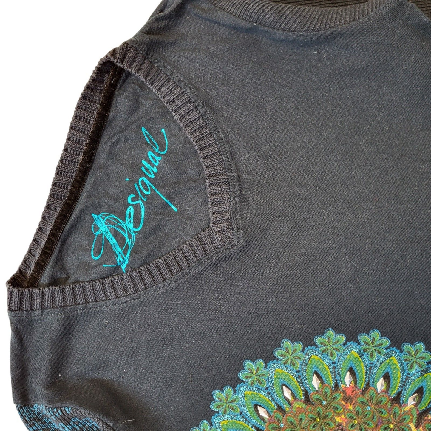 Desigual Y2K Navy Blue Floral V-Neck Jumper Vintage Women's Medium