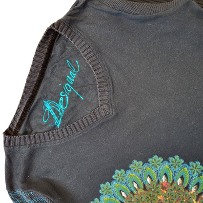 Desigual Y2K Navy Blue Floral V-Neck Jumper Vintage Women's Medium