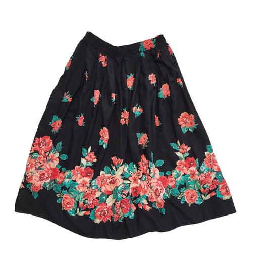 St Michael Vintage 80's Black & Red Floral Midi Skirt Womens UK Size 10 W26