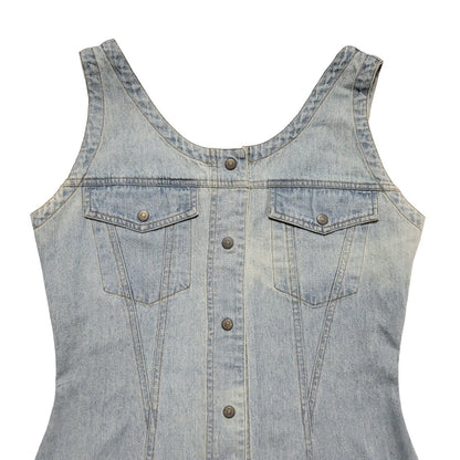 Casual Club Vintage 80's Blue Denim Snap Button Midi Dress Womens UK 10