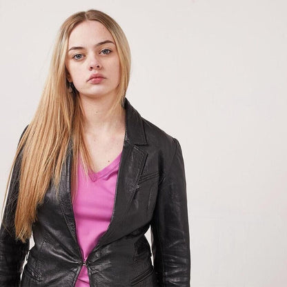 90s Vintage Black One Button Leather Jacket Uk Women's Size 10
