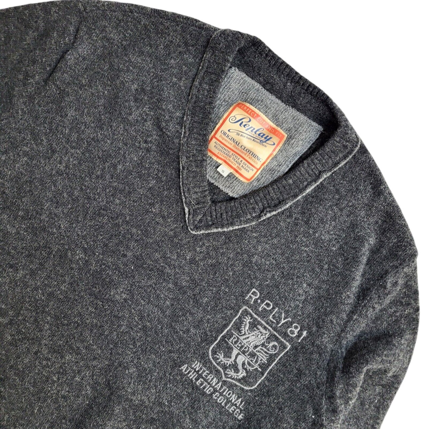 Replay Vintage 90's Dark Grey V-Neck Jumper UK Men's Size Small