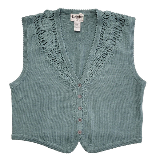 80s Vintage Green Button Sleeveless Knitted Cardigan Uk Women's Size Large