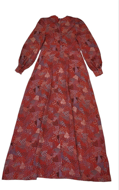 70s Vintage Red Patterned Cuffed Sleeve A-Line Maxi Dress Women's 12