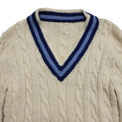 90s Vintage Cream Blue Acrylic V-Neck Cricket Jumper Uk Women's Size Small