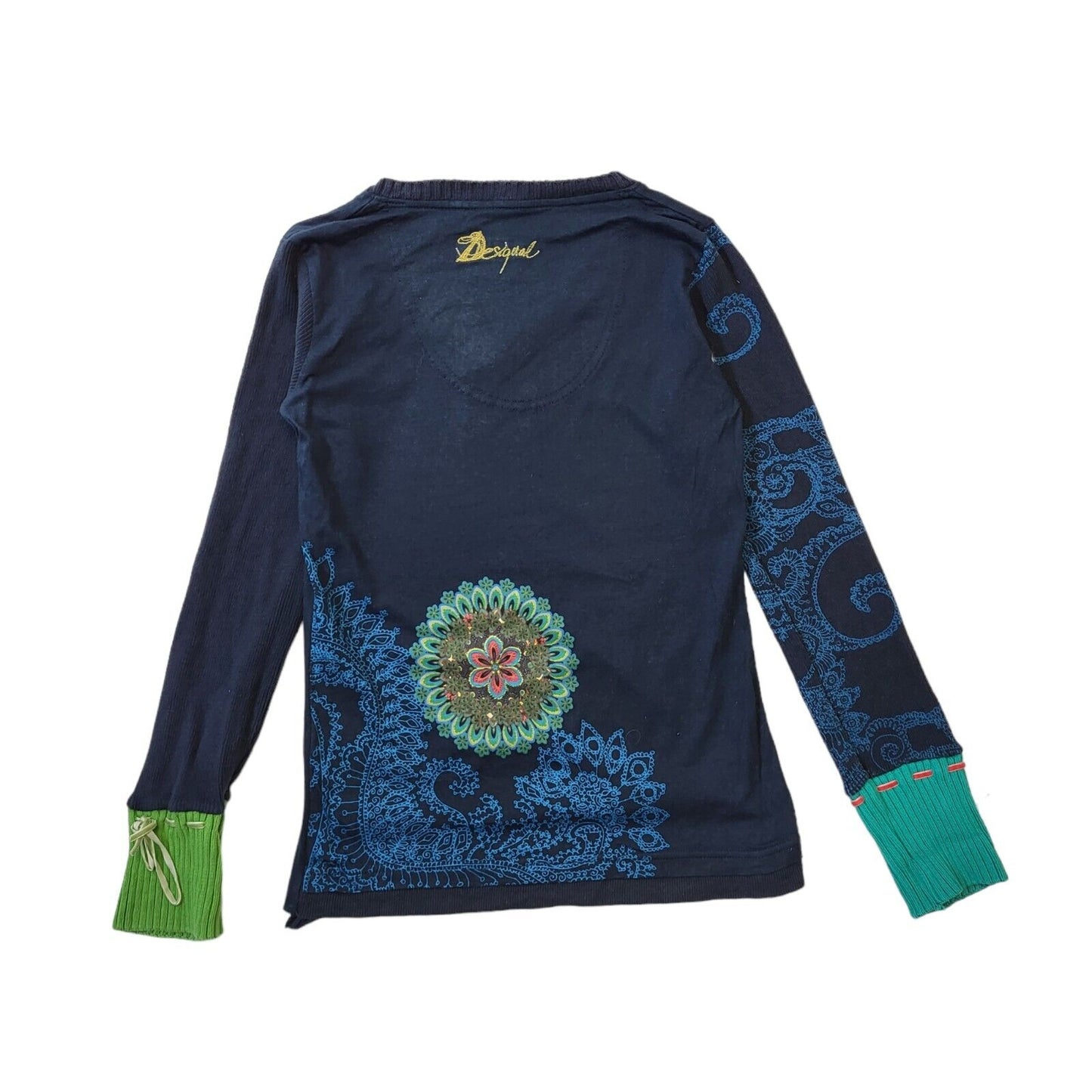 Desigual Y2K Navy Blue Floral V-Neck Jumper Vintage Women's Medium