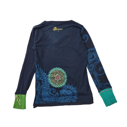 Desigual Y2K Navy Blue Floral V-Neck Jumper Vintage Women's Medium