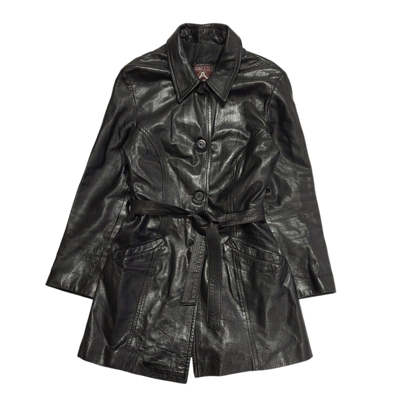 Double A 90s Vintage Black Button & Belted Leather Coat Uk Women's Size 14