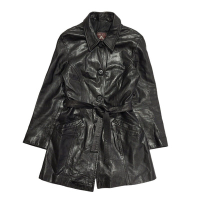 Double A 90s Vintage Black Button & Belted Leather Coat Uk Women's Size 14
