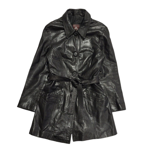 Double A 90s Vintage Black Button & Belted Leather Coat Uk Women's Size 14