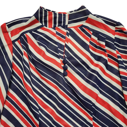 70s Vintage Red, White & Blue Striped High Neck Shift Dress Women's 14
