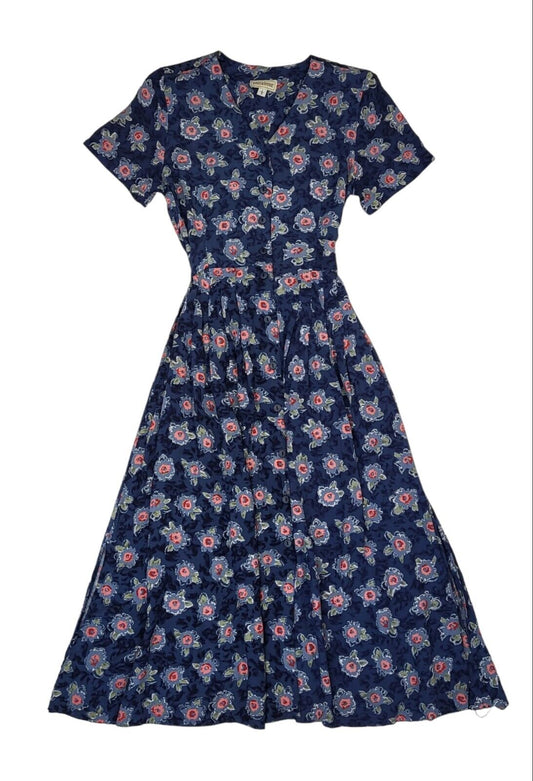 90s Vintage Maxime Blue Floral Buttoned Daywear Dress Women's Size S